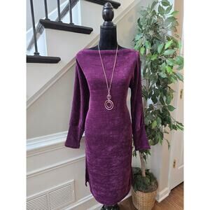 Chenault Sweater Dress L Purple Rib Knit Boat Neck Dolman Sleeve Casual Pullover